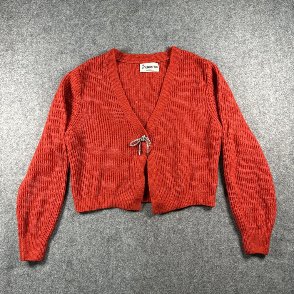 No Boundaries Cropped Cardigan L (12-14) Red Rhinestone Bow Ribbed Knit